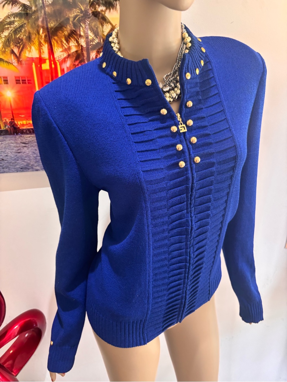 St. John Cobalt Royal Blue Knit Jacket Gold Buttons blazer cardigan zip 10 M